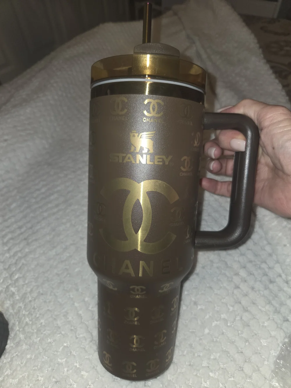 Stanley Brown and Gold Logo Travel Tumbler with Handle